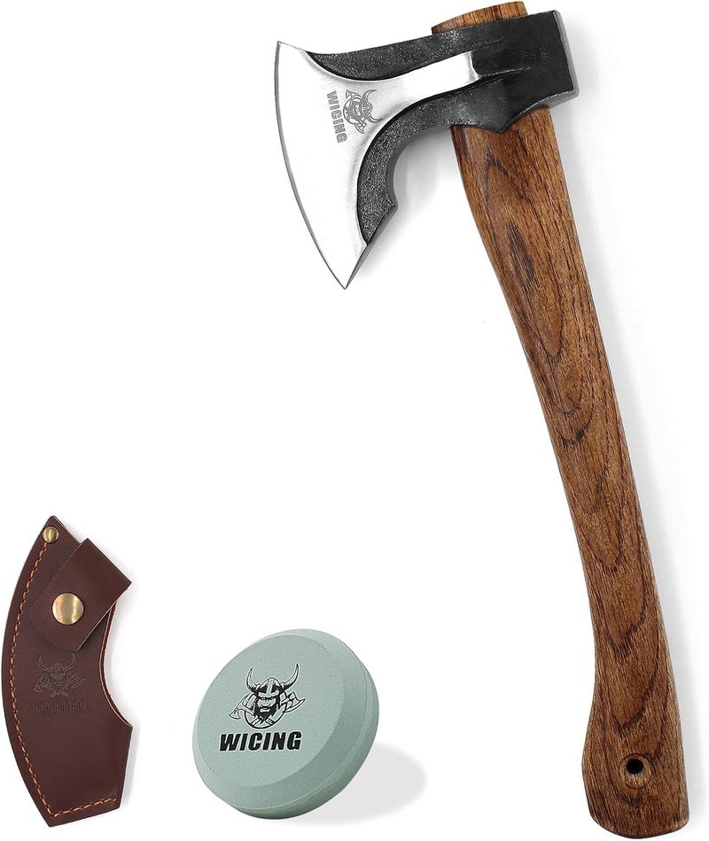WICING Camping Hatchet, 14.2-inch Splitting Axe with Leather Sheath, Chopping Axe 1065 High Manganese Steel and Hickory Handle - Image 1